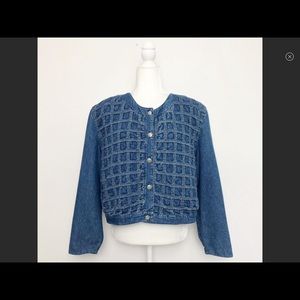 Vintage 80s Boxy Cropped Shirred Denim Jacket XL